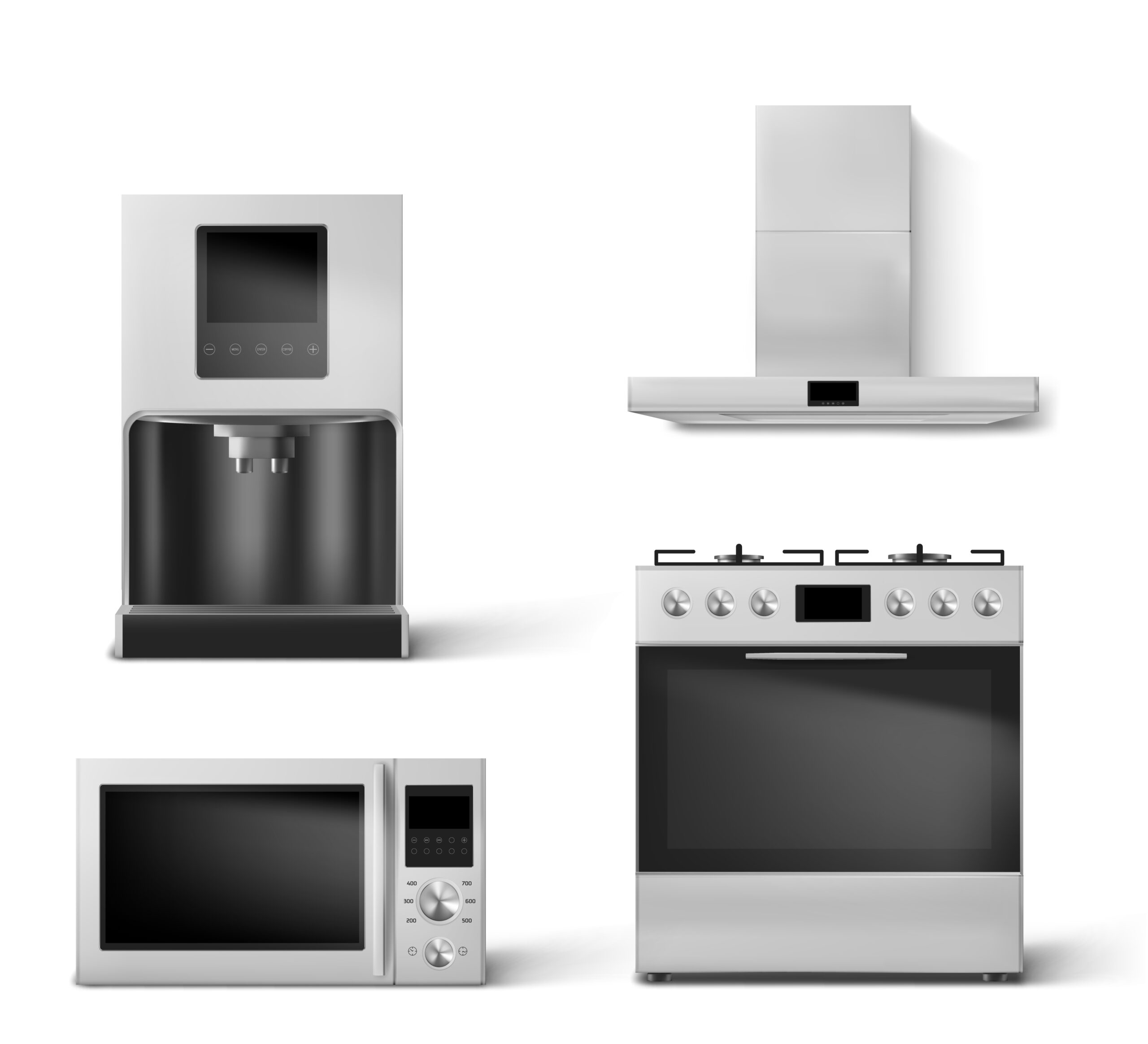 Kitchen appliances gas oven, hood, microwave and coffee machine. Smart household technics with wifi, digital display front view, home tech equipment isolated white background realistic 3d vector set